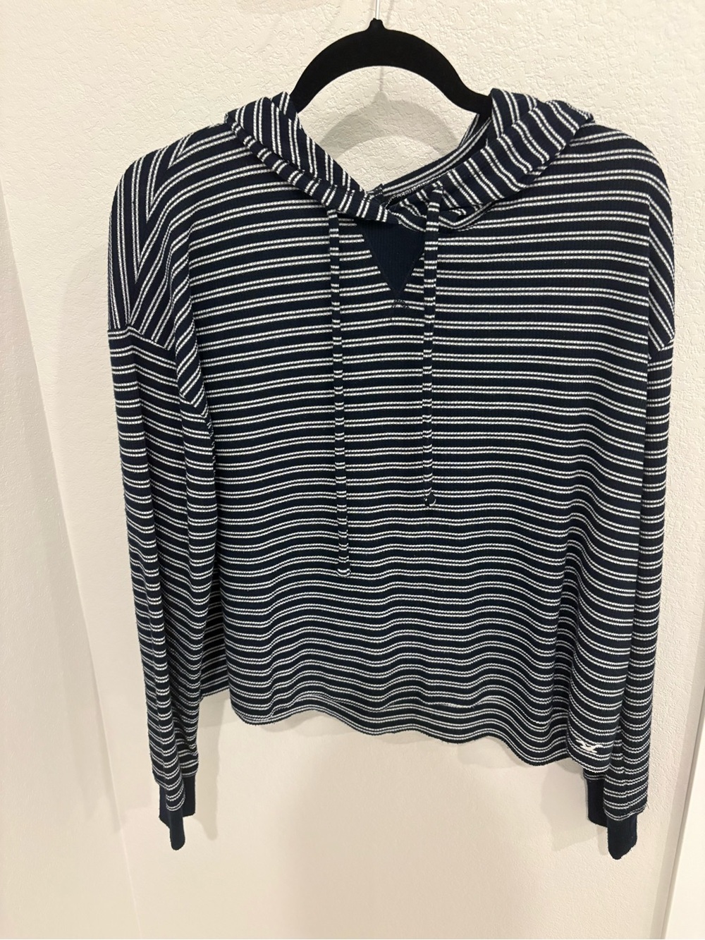 Hollister Navy and White Striped Hooded Pullover